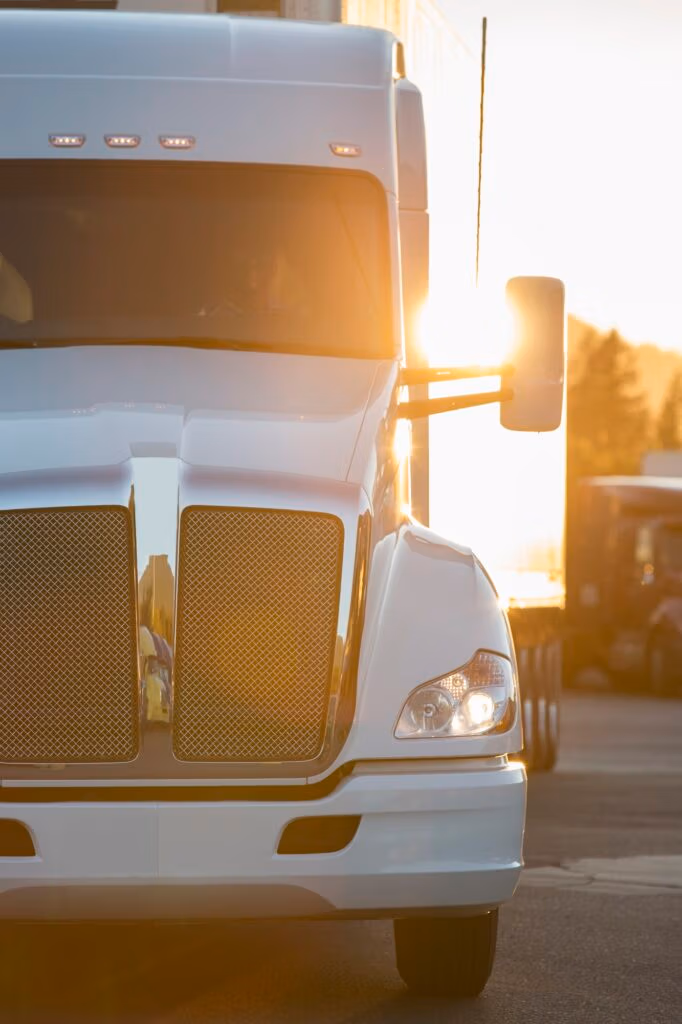 A large commercial truck moving through a truck stop parking lot at sunset.