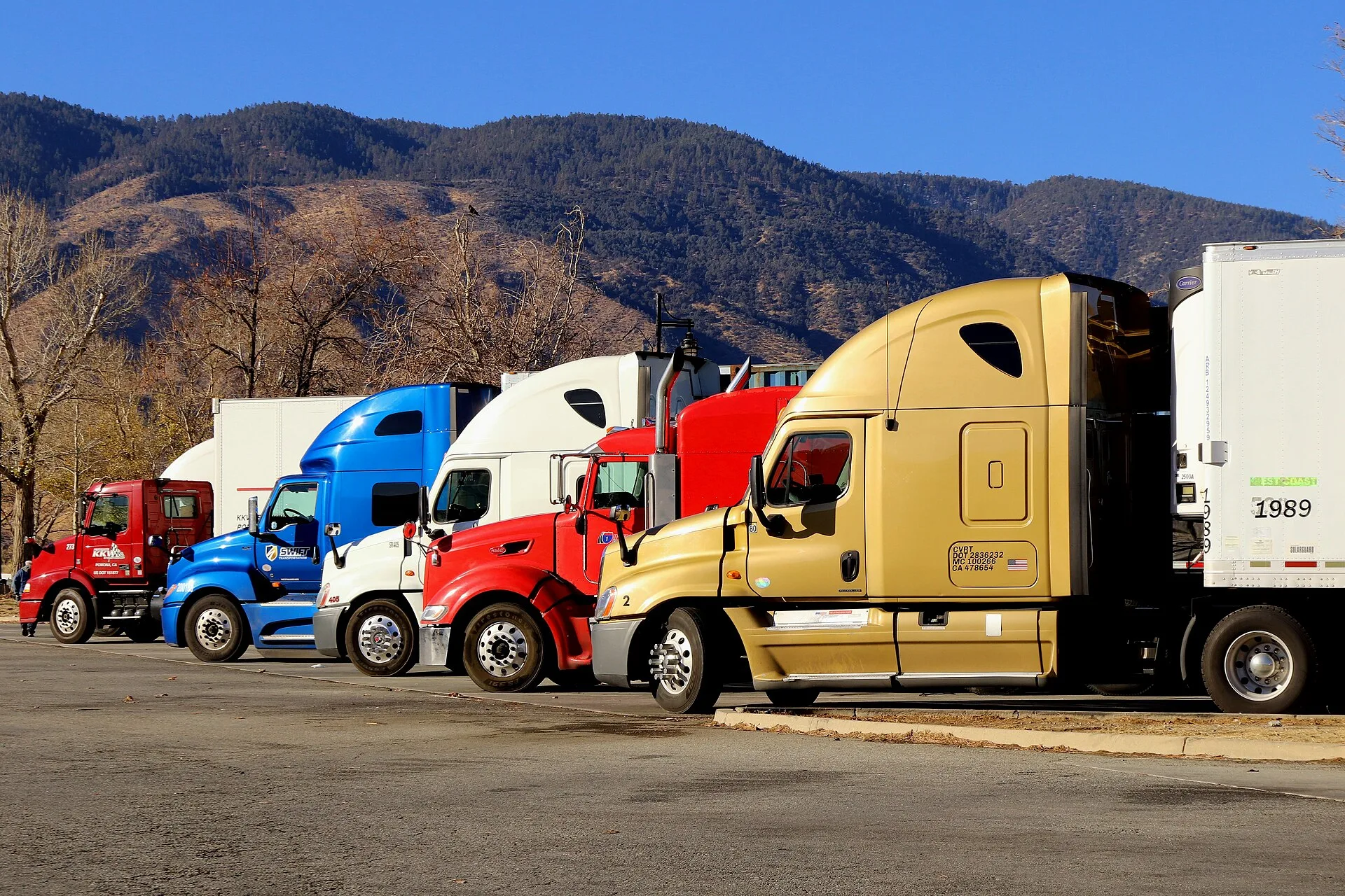 Semi trucks parked in a row at the Lebec rest area on Interstate 5 in California