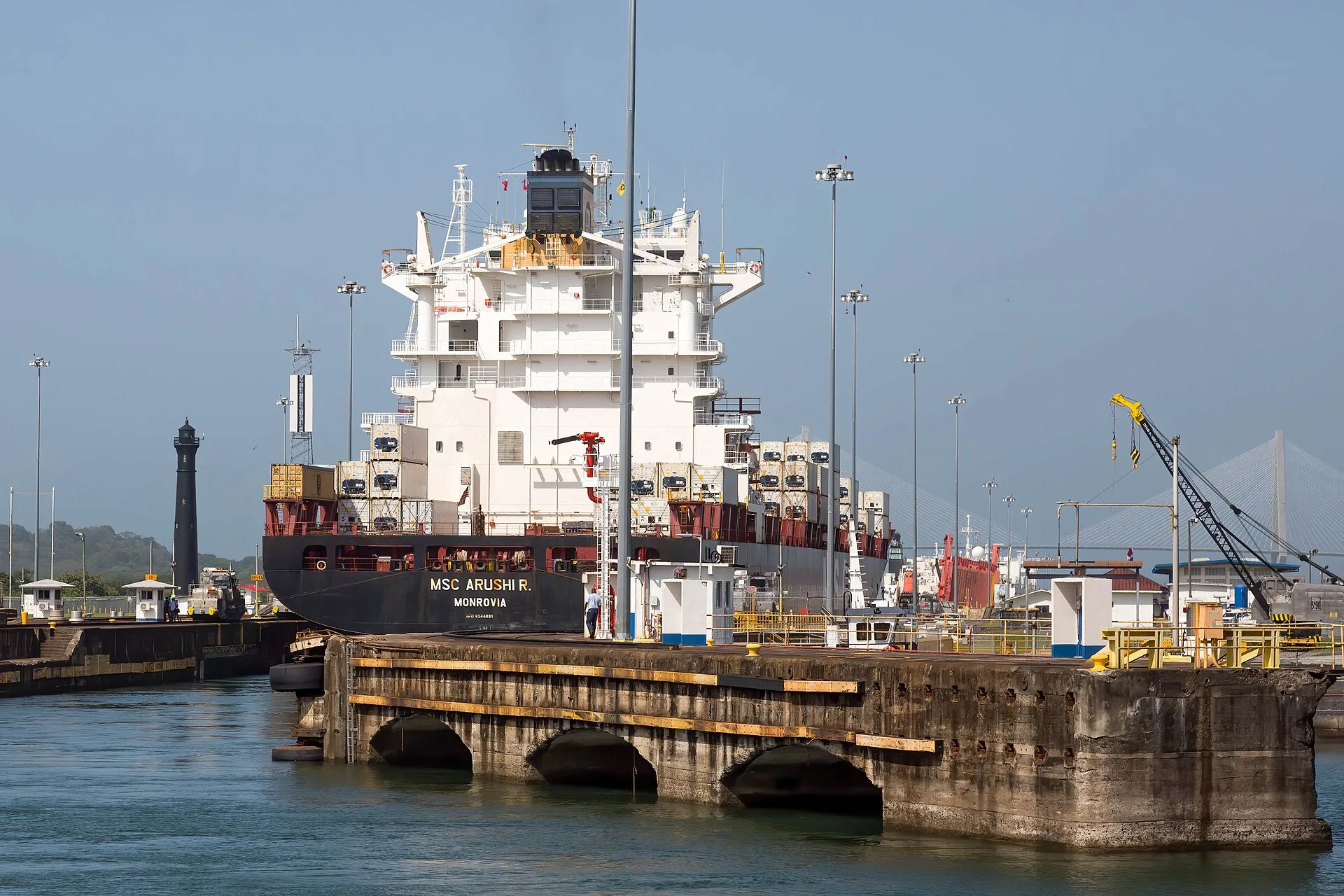 Container ship MSC Arushi R being positioned in the Gatun Locks of the Panama Canal