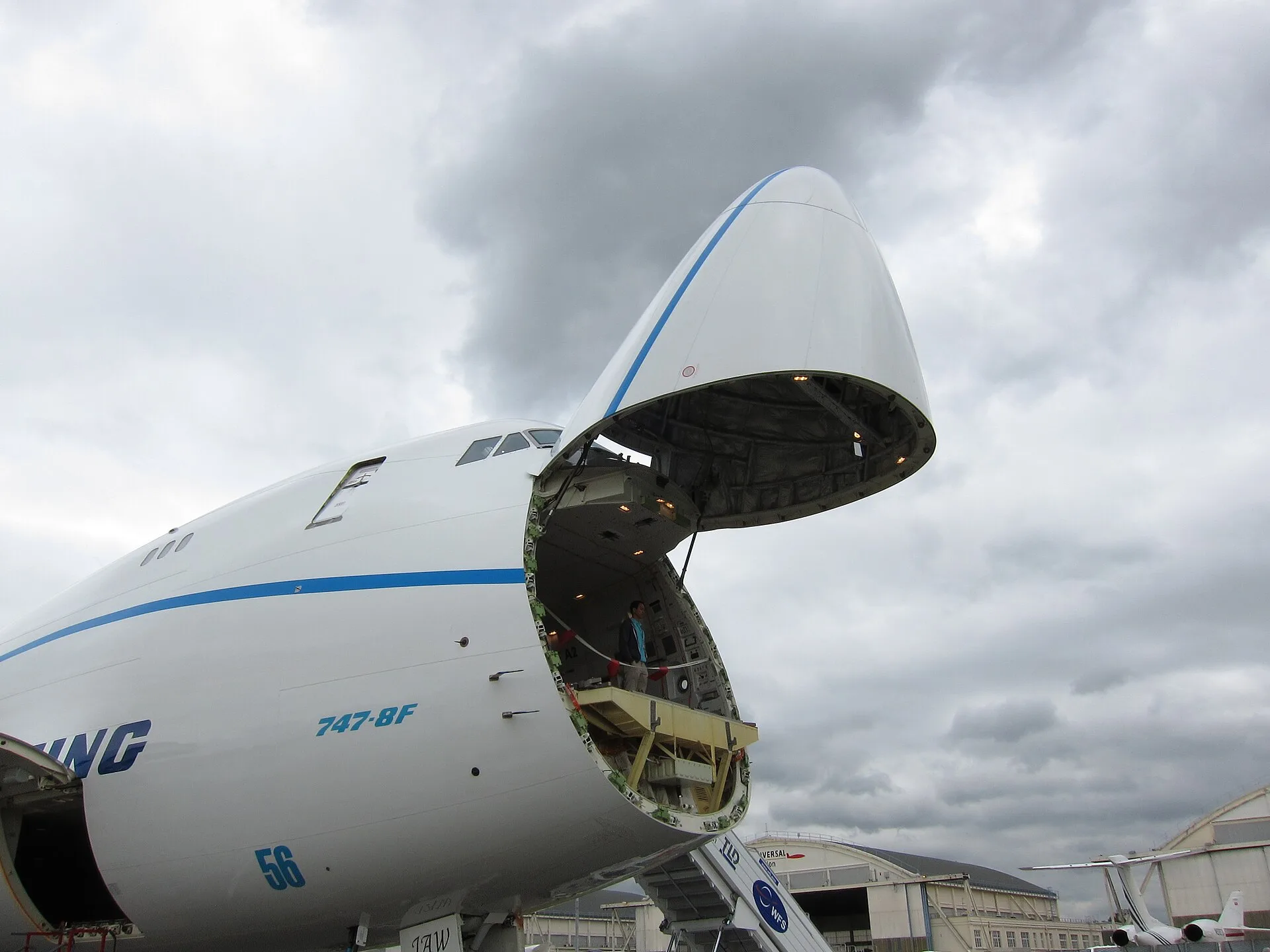 Boeing 747-8F freighter with its nose cargo door raised for main-deck loading