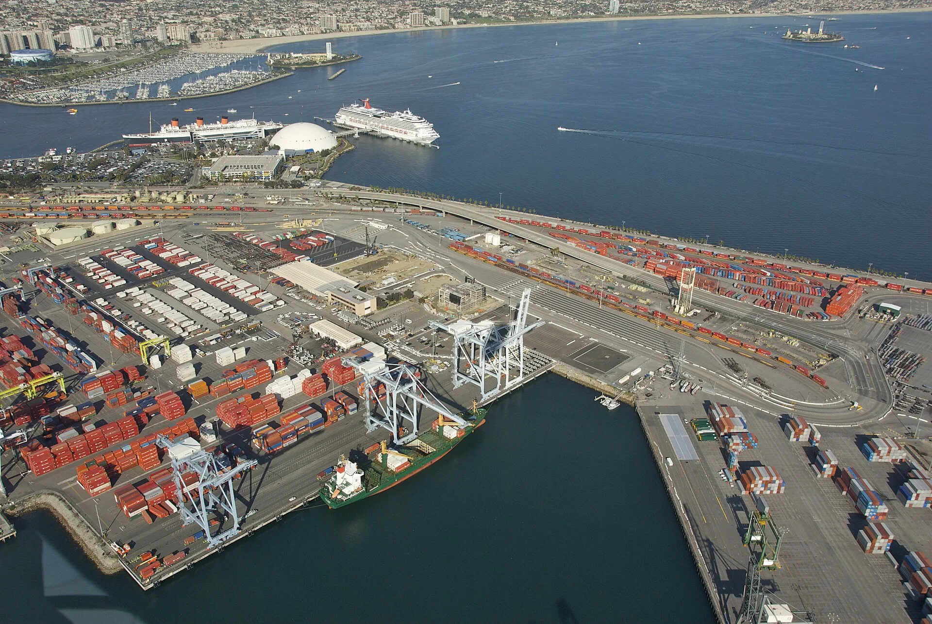 Aerial view of container terminals, cranes and stacked containers at the Port of Long Beach