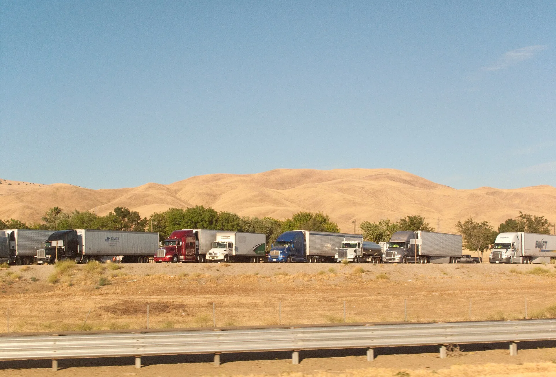 Row of tractor-trailers parked beside Interstate 5 in California's Central Valley