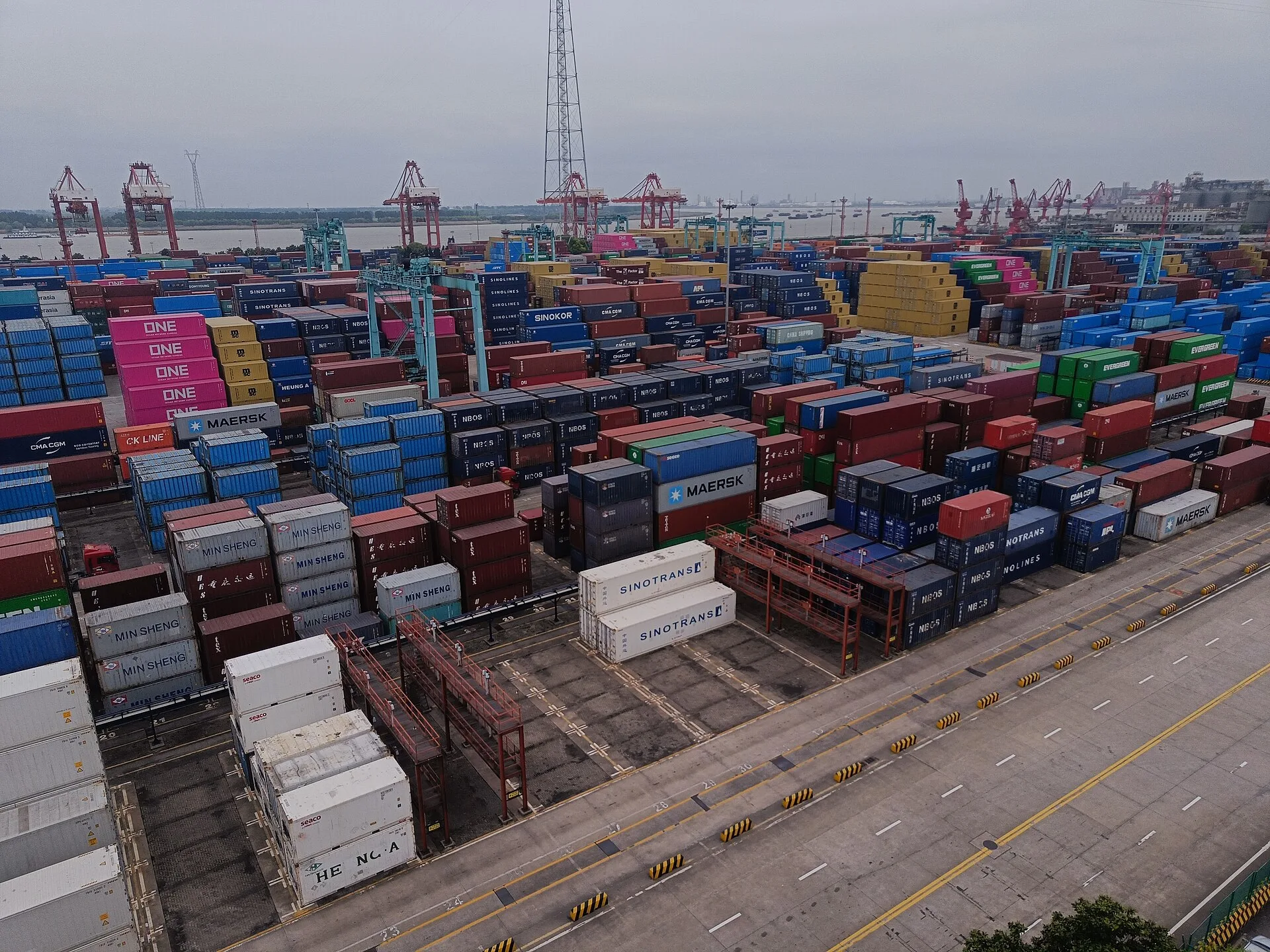 Shipping containers stacked at a container terminal in Zhangjiagang, China